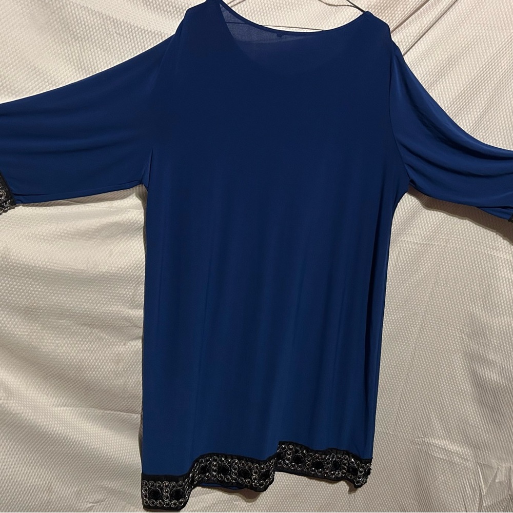 Royal Blue Cold Shoulder Dress with Black Beaded Trim - Picture 7 of 7